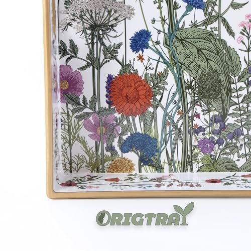 Serving Tray with Handles, Rectangular Plastic Tray 15.75x11.81 Inch, Wildflower, Butterflies & Hummingbirds Style Decorative Tray for Kitchen, Dining Table, Vanity, Office & Home - color: Green and Yellow Wildflowers 1 Pc