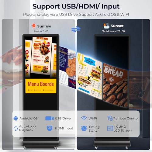 32/43/55/65 Inch 4K Digital Signage Display, LCD Screen Advertising Display Kiosk Interactive Totem Floor Standing Auto AD Player with USB/HDMI/WiFi Android OS (55'' Touch Screen) - size: 55-Inch, style: Touch Kiosk