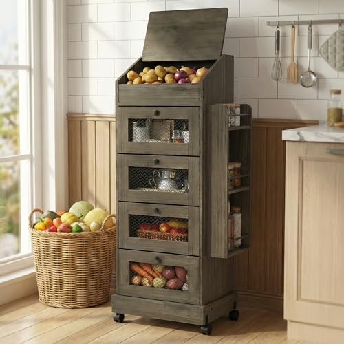 ARTETHYS Potato Storage Bin 5-Tier Rolling White Bread Box with Side Rack - color: Gray
