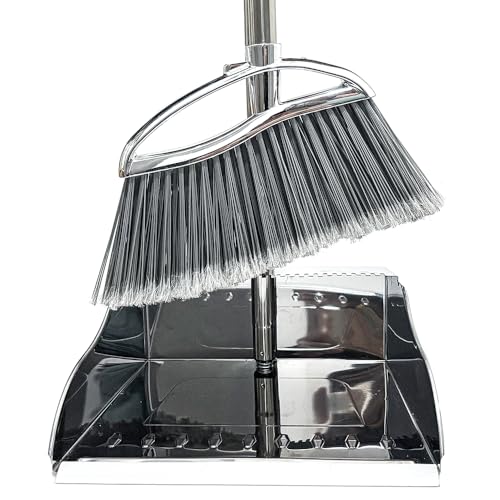 Outdoor Broom and Dustpan Comb Set,Heavy Duty Stainless Steel Metal Dust Pan with Long Handle Commercial Stiff Bristles Broom for Home Garage Garden Patio - style: Outdoor Broom and Dustpan