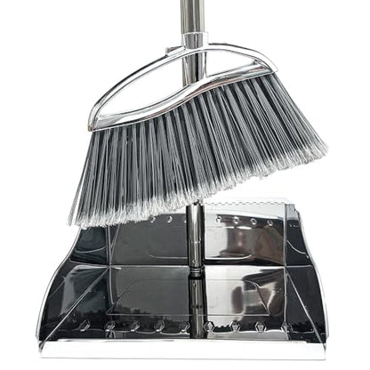 Outdoor Broom and Dustpan Comb Set,Heavy Duty Stainless Steel Metal Dust Pan with Long Handle Commercial Stiff Bristles Broom for Home Garage Garden Patio - style: Outdoor Broom and Dustpan