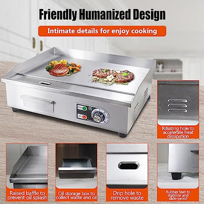 22" Commercial Electric Griddle,Electric Countertop Flat Top Griddle,110V 1600W Electric Flat Top Grill,Non-Stick Restaurant Teppanyaki Stainless Steel Grill,Adjustable Temperature Control - style: 22''