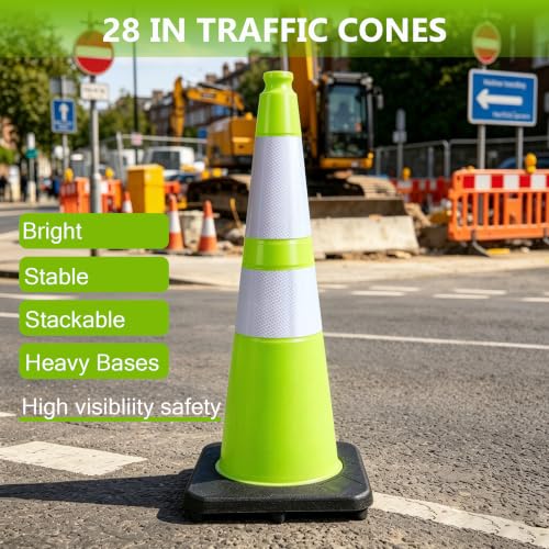 28 Inch Green Traffic Cones, 4 Pack Heavy Duty PVC Safety Cones - color: Green
