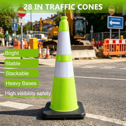28 Inch Green Traffic Cones, 4 Pack Heavy Duty PVC Safety Cones - color: Green