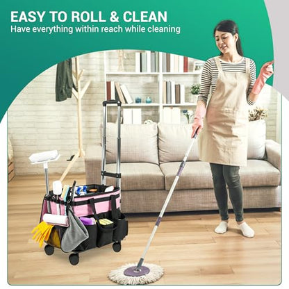 Rolling Cleaning Caddy Bag w/Detachable Trolley & Lid (Pink) - color: Pink
