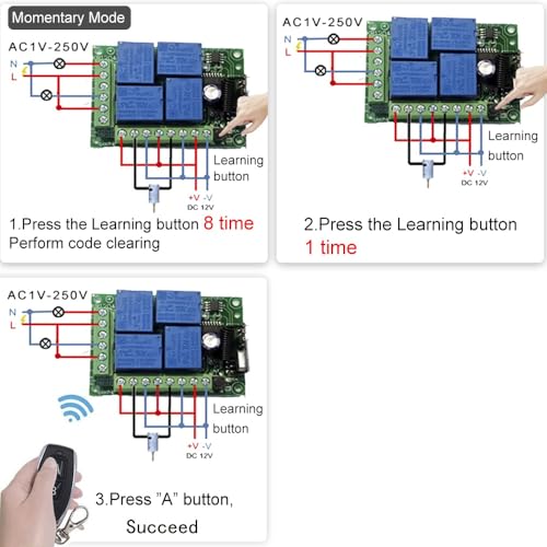 QIACHIP Universal 12V 4CH Wireless Relay Remote Module Switch RF 433Mhz with Remote Control Key Fob 2 Transmitters 1 Receiver for Light Garage Door Electric Gate,Momentary Toggle Latched(KR1204) - color: KR1204+2KT06（DC 12V 4-CH）