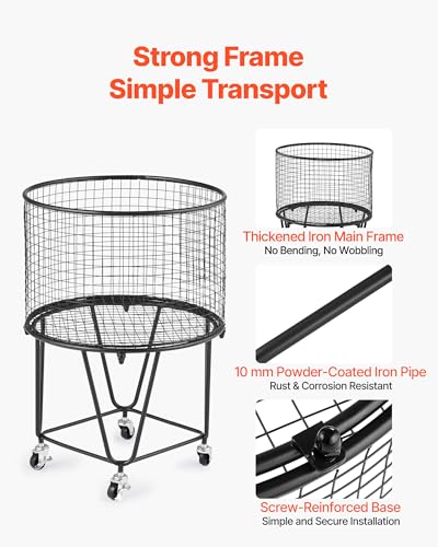 VEVOR Laundry Basket with Wheels, Metal Storage Cart Deep Set Rolling Mesh Laundry Hamper, 60 LBS Large Load Capacity, 17" x 17" x 24", Black - size: 16.9"D x 16.9"W x 24.2"H