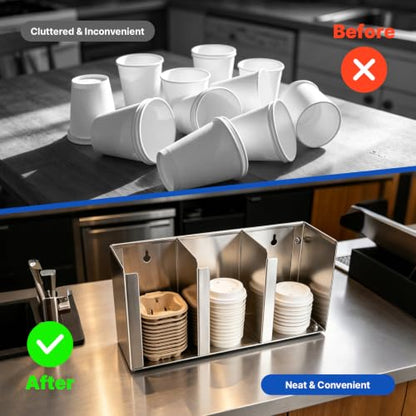 Stainless Steel Cup Dispenser, Cup and Lid Holder with Adjustable Dividers