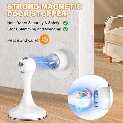 Crosize Magnetic Door Stoppers 2 Pack, Stainless Steel Door Stops for Wall and Floor Mounting, Door Holder Keep Door Open, No Drilling Door Stop with Adhesive Tapes, White - color: White, size: 2 Pack