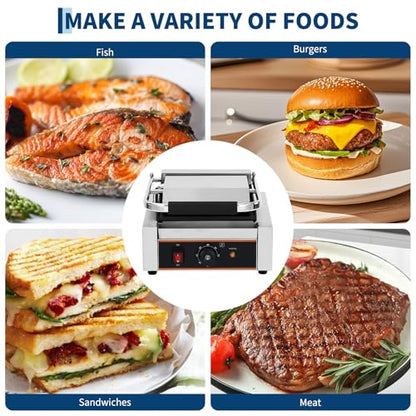 YS-811C 1800W Commercial Panini Press & Electric Grill, 9x9 Inch Sandwich Maker with 6-Temp Control, 110V Indoor Grill for Burgers, Panini, Breakfast, Silver - size: 9"x 9" with Smooth Plate