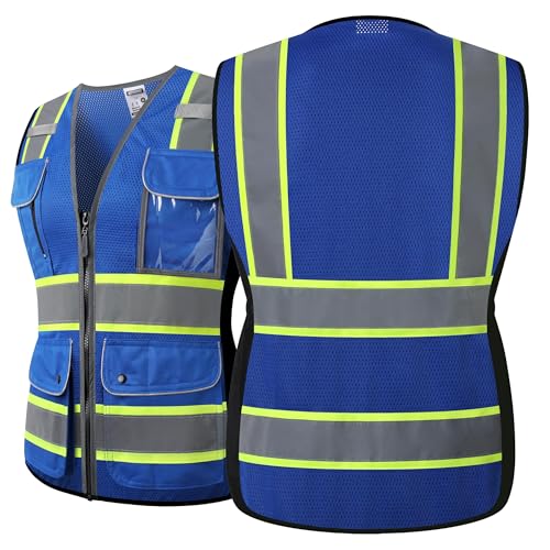 Reflective Safety Vest for Women Mesh High Visibility Vest with 8 Pockets and Front Zipper High Vis Vest Work Vests (Blue-16, Large) - color: Blue, size: Large