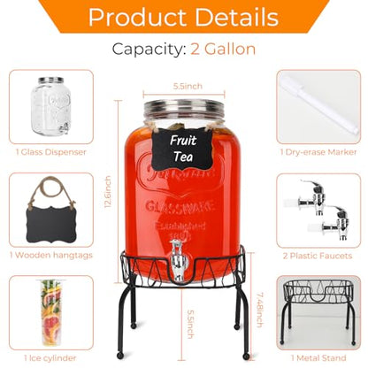 1 Pack 2 Gallon Glass Drink Dispensers with Stand, Ice Core, Spigot - size: 2 Gallon with Aluminum lid