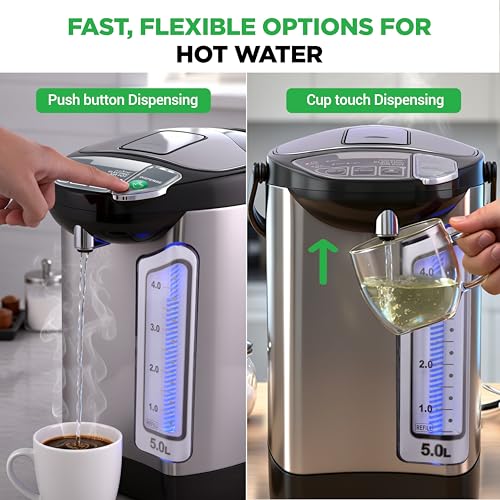 NutriChef Electric Water Boiler and Warmer - 5L/5.28 Qt Stainless Steel Hot Water Dispenser w/Rotating Base, Keep Warm Temperature Set, Auto Shut Off, Safety Lock, Instant Heating for Coffee & Tea - size: 5.3 Quarts