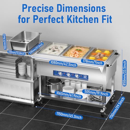 TOPKITCH Commercial Electric Food Warmer Soup Station - 3 Independent 19.5L Pans with German EGO Thermostat, Rolling Stand with Adjustable Shelves for Restaurant, Catering, Party - size: TC-3P