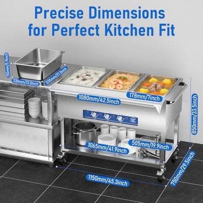 TOPKITCH Commercial Electric Food Warmer Soup Station - 3 Independent 19.5L Pans with German EGO Thermostat, Rolling Stand with Adjustable Shelves for Restaurant, Catering, Party - size: TC-3P