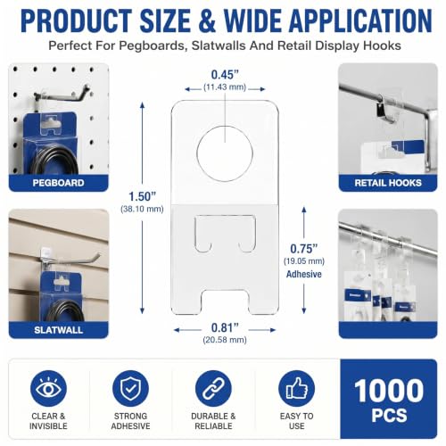 Wenqik 1000 Pcs Self Adhesive Hang Tabs, Clear Pegboard Hanger Tabs Hooks