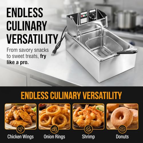 6.3QT Electric Deep Fryer with Basket, 1700W 316 Stainless Steel Commercial Deep Fryer, Adjustable Temperature Control 140°F-392°F, Countertop Deep Fryer with Lid, Oil Fryer for Home Kitchen