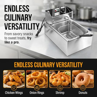 6.3QT Electric Deep Fryer with Basket, 1700W 316 Stainless Steel Commercial Deep Fryer, Adjustable Temperature Control 140°F-392°F, Countertop Deep Fryer with Lid, Oil Fryer for Home Kitchen