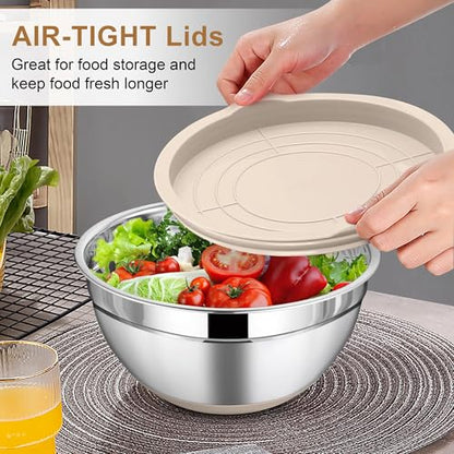 LIANYU 6 Piece Mixing Bowls Set with Airtight Lids, Metal Nesting Bowl - color: Khaki, style: Anchor Base with Airtight Lids