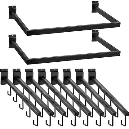 Soaoo 10 Pcs Metal Slatwall Hooks Accessories Slat Wall Hanging Include 2 Pack U Shaped Hang Rail 8 Pack 5 Hook Waterfall for Clothing Home Garage Shop Retail Display, Black