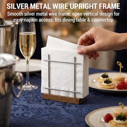 MyGift Upright Napkin Holder, Silver-Tone Metal with Burnt Brown Wood Base - color: Silver / Brown