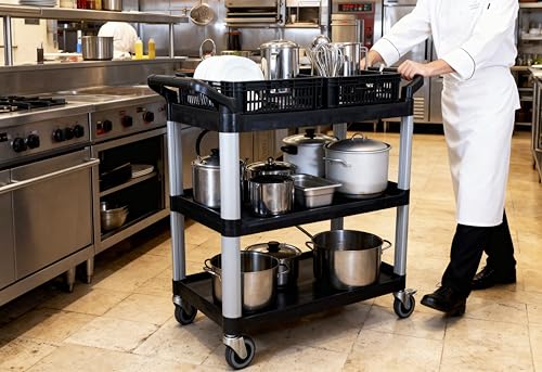 Commercial Heavy-Duty Utility Service Cart | 3 Shelf | | 450 Lbs Max Capacity | Rolling Utility Cart W 33" x H 37" x D 16" Black
