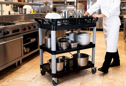Commercial Heavy-Duty Utility Service Cart | 3 Shelf | | 450 Lbs Max Capacity | Rolling Utility Cart W 33" x H 37" x D 16" Black