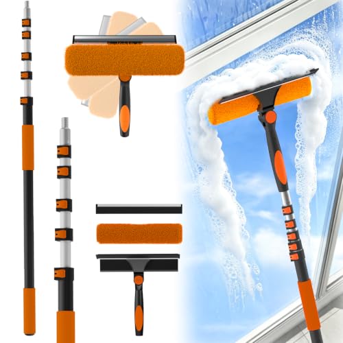 30FT Reach Window Squeegee Kit with Extension Pole, 2-in-1 Professional Washer for High Windows, 5-24FT Adjustable Reach, Rotatable Head for Indoor & Outdoor Use, Streak-Free Cleaning Tool for Home - color: Orange, size: 24FT