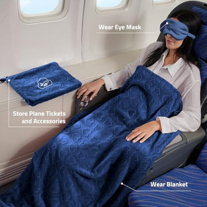 Travel Blanket, Airplane Blanket, Ultra-Soft, Warm & Lightweight, 65x40 in, Outdoor Blanket Essentials for Women, Men & Kids, Included Eye Mask, Luggage Sleeve & Backpack Clip Heart Navy Blue - color: Heart Navy Blue