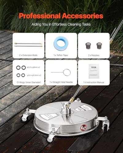 VEVOR 15 Inch Pressure Washer Surface Cleaner, 4000 PSI Stainless Steel Attachment with 4 Wheels, 2 Nozzles, 1/4 Inch Quick Connect and 2 Wands for Concrete, Patio, Deck - size: 15 Inch w/ Wand & Wheels