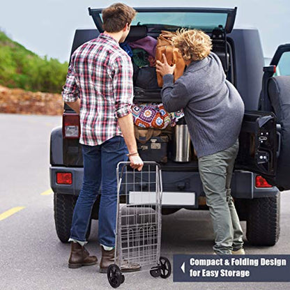 S AFSTAR Folding Shopping Cart, Metal Grocery Cart w/Extra Basket & 360° Swivel Wheels & Non-Slip Handle, Heavy Duty Utility Cart for Grocery Laundry Book Luggage (Silver) - color: Silver