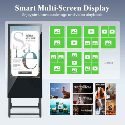 32 Inch Digital Signage Display, Screen LCD Advertising Kiosk, Portable Floor Standing Auto Ad Player Android OS App-Based Control with USB/HDMI/WiFi - size: 32"