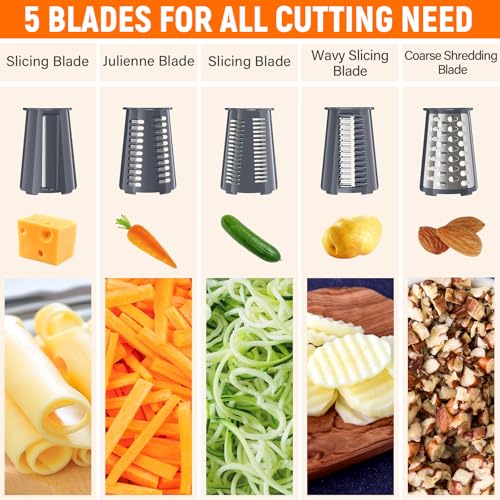 Rotary Cheese Grater Hand Crank, 5-in-1 Vegetable Chopper Spiralizer Slicer - color: Gray