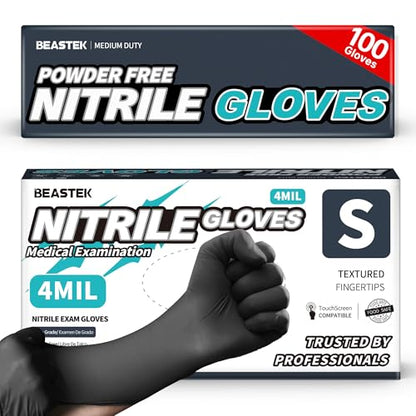 BEASTEK Black Nitrile Disposable Gloves, 4.0 Soft+™ Powder-Free 100 &1000CT - color: 100 Black (Small)