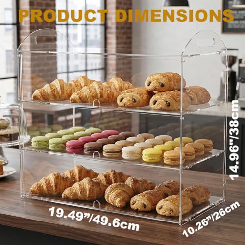 3 Tier Bakery Display Case with Handle, Countertop 23.6" L x11.8 W x19.7 H Commercial Pastry Display Case, Acrylic Clear Food Display Box for Dessert Donut Bagels Cake Cookie - size: 3 TIERS