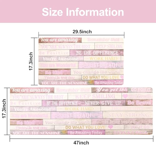 Inspirational Positive Quotes Kitchen Mats for Floor Pink Anti Fatigue Mats for Kitchen Floor Cushioned Waterproof Pink Kitchen Decor Set - color: Pink, size: 17"x30"+17"x47"