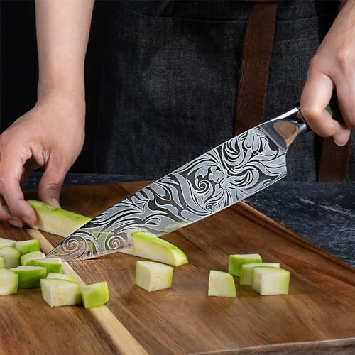 SENKEN 8-piece Engraved Japanese Kitchen Knife Set & Beautiful Green Resin Epoxy Handles - Wasabi Collection - Chef's Knife, Santoku, Cleaver, Paring, & More - size: 8-Piece Chef Knife Collection