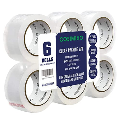 COSIMIXO Heavy Duty Packing Tape 2.7mil x 1.88" x 60 Yards, 6 Rolls,Industrial 3" Core, Clear, Great for Packing, Shipping & Moving - size: 2.7Mil x 1.88" x 60Yds 6-Pack