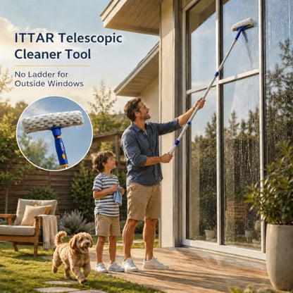 ITTAR Window Squeegee with 2 Sets Separate Pole, 12" Rubber Squeegee and 11" Microfiber Pads, 60"-73.6" Telescopic Window Cleaning Kit with Rotating Head for High Windows, Shower Glass, Car Windshield - color: White&blue