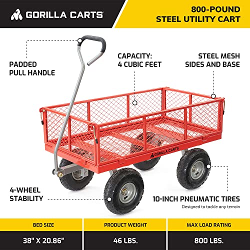 Gorilla Carts Steel Utility Garden Cart, 800 lb. Capacity, 4 Cu Ft, Red - color: Red