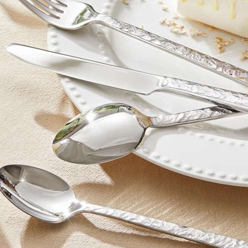 20 Pcs Hammered Silverware Set for 4, 18/10 Stainless Steel Flatware - color: Silver, size: 20-Piece