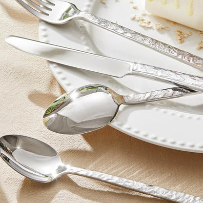 20 Pcs Hammered Silverware Set for 4, 18/10 Stainless Steel Flatware - color: Silver, size: 20-Piece