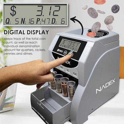 Nadex S180 Digital Coin Sorter and Counter – Displays Total and Denomination Values, Black