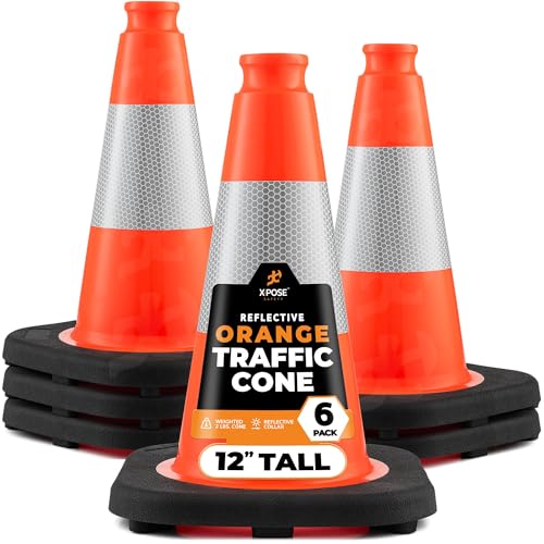 Xpose Safety 12 Inch Orange Traffic Cones with 4" Collar - 6 Pack Multipurpose PVC Plastic Safety Cone for Parking, Soccer, Caution, Kids and Construction - DOT Approved - color: Orange/Black, size: 12" 2lb. Cone