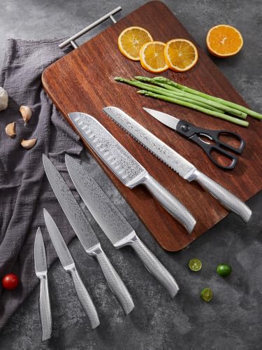 Knife Set, FOHERE 14 Pieces Kitchen Knife Set with Built-in 5 x Sharpeners, Waved Texture Knife Set with Block, Stainless Steel Knife Block Set, Sharp Knives Set with Ergonomic Handle - size: 14