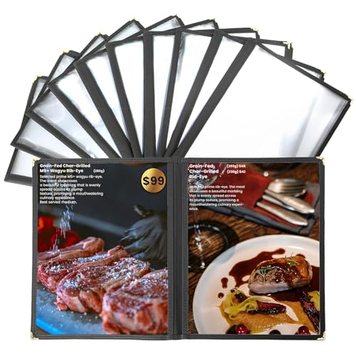 8.5 x 11 Inch Menu Covers 10 Pack Double Stitched Menu Sleeves 2 Pages / 4Views Menu Holder Crystal Clear Vinyl Protection Easy-Insert Design for Bar Cafe Restaurant Menu Covers - size: 10 Pack (2 Page, 4 View)