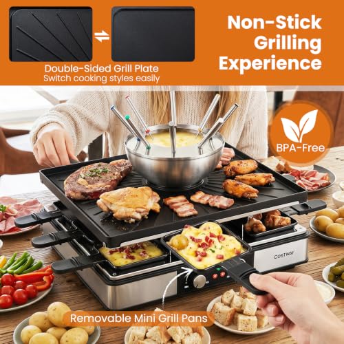 COSTWAY Raclette Table Grill & Fondue Pot, 1800W Electric Grill, 8 People - size: 14.5" x 14.5" x 6"