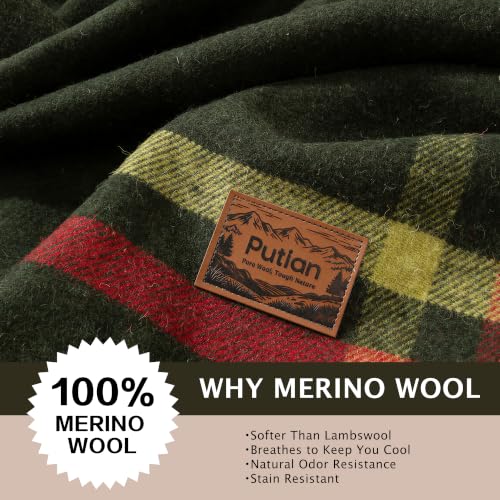 PuTian 100% Wool Blanket - Camping Outdoor Blanket, Plaid Army Green - color: Plaid Pattern Army Green, size: 63" × 87"