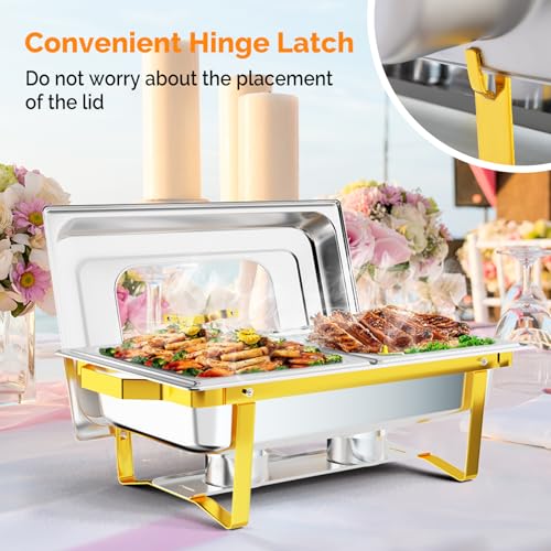 ROVSUN Chafing Dishes for Buffet, 9QT Chafing Dish Buffet Set with Glass Lid,Stainless Steel Buffet Servers and Warmers with 2 Half Size Pan,Stackable Design for Party Wedding, Gold & Silver - size: Half Size Food Pan