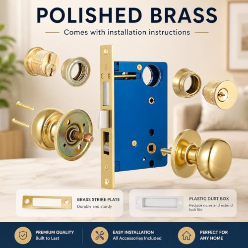 Tandefio 1 Set Double Cylinder Mortise Lock, Left Hand Reverse, Brass - color: Brass, style: Left Hand Reverse